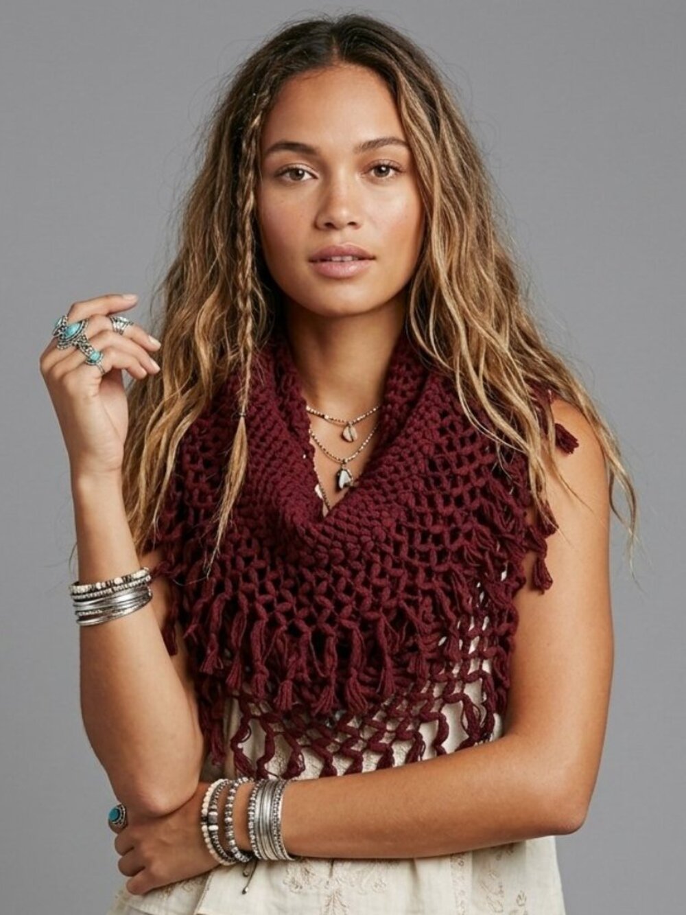 Burgundy Crochet Fringe Tube Scarf Boho Open Knit Cowl Neck Warmer